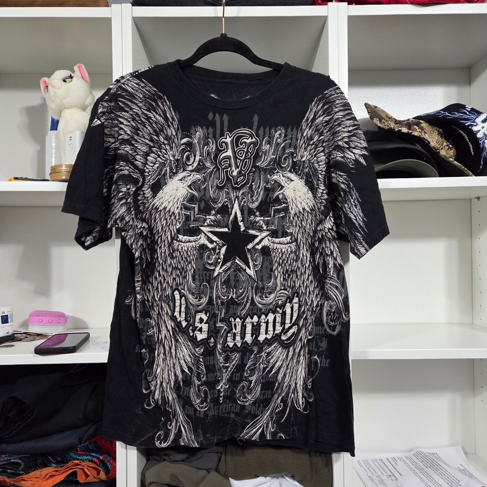 Apprime US Army Graphic Tee Black Winged Eagle MMA Y2K Grunge Mens Large